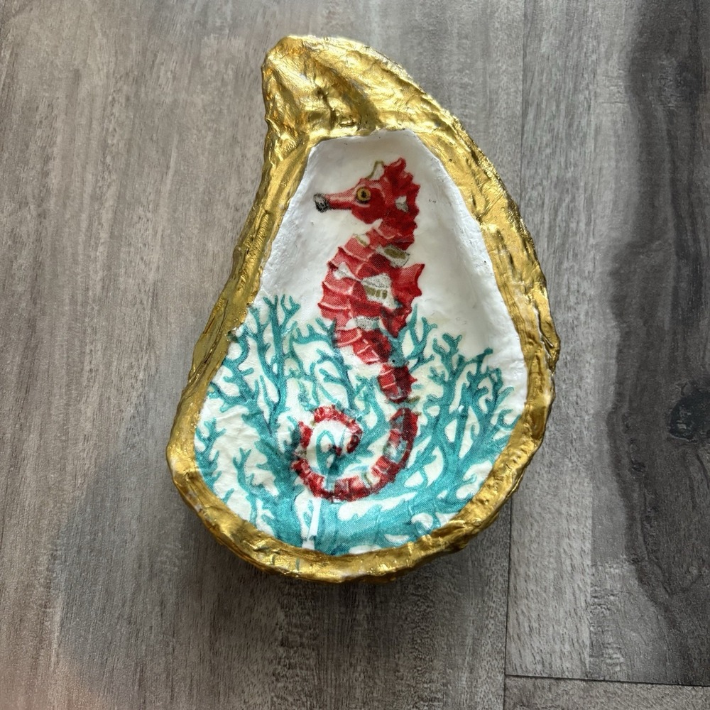 Oyster Shell RING DISH Hand‎ painted gold edges pink Coastal Print Seahorse